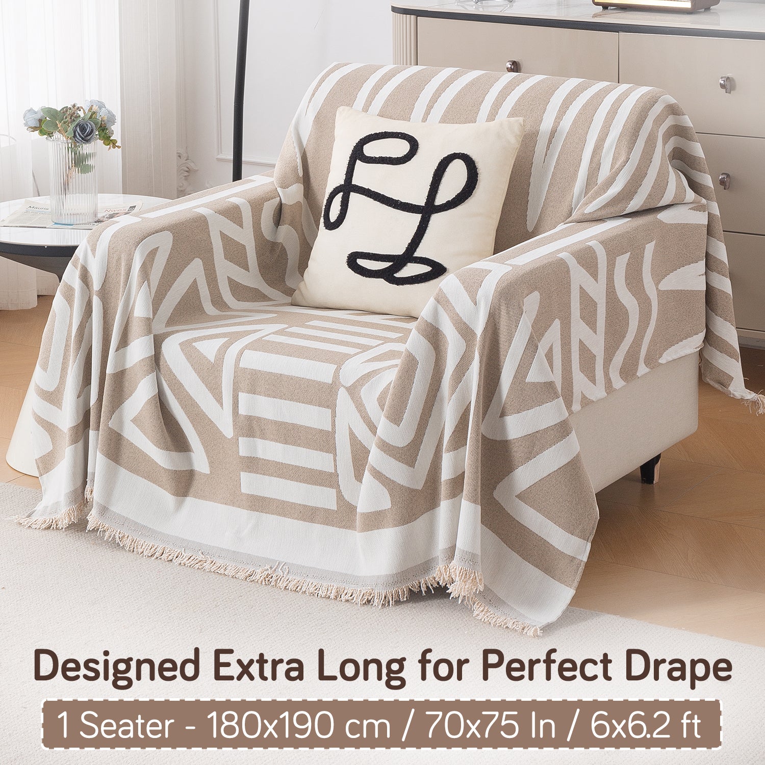 Buy Beige Colour Urban Tribe Premium Chenille Single Seater Sofa Throw | HOKIPO