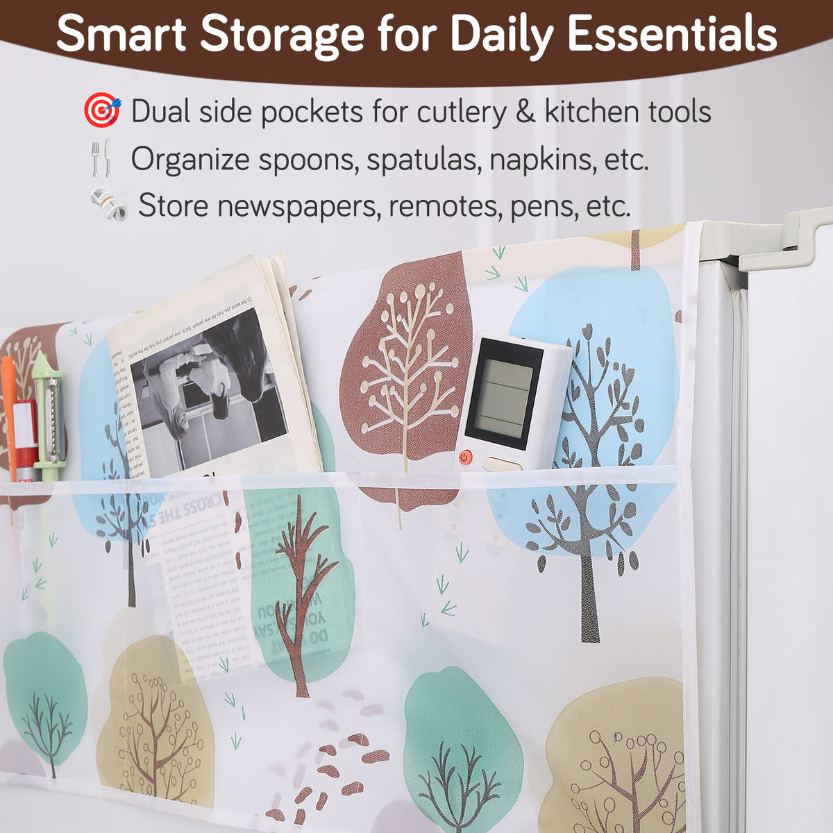 Small / Large Fridge Cover Top | For Smaller Single Door, Double Door and Bigger Double Door Refrigerator - Waterproof, Printed with 6 Side Pockets, Nature Trees