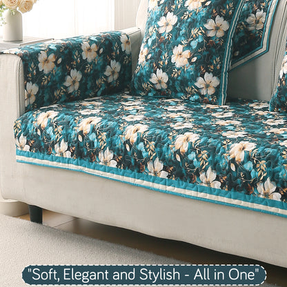 Florentina Series Printed Holland Velvet Sofa Mat - Pansies Teal