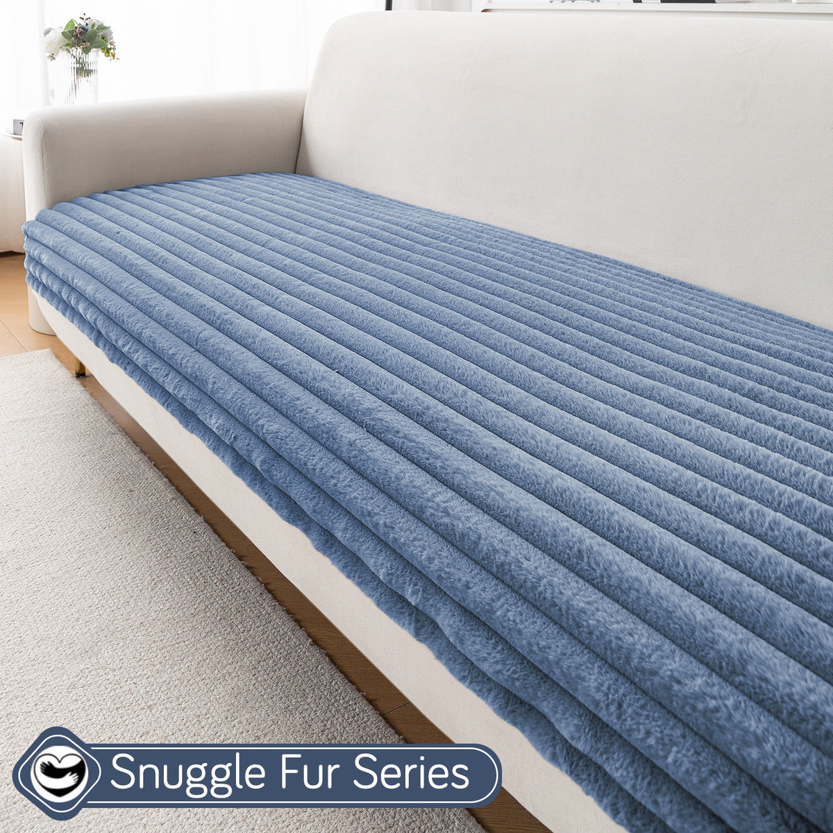Faux Rabbit Fur Sofa Cover Combination Set, 'Snuggle Fur Series' Denim Blue