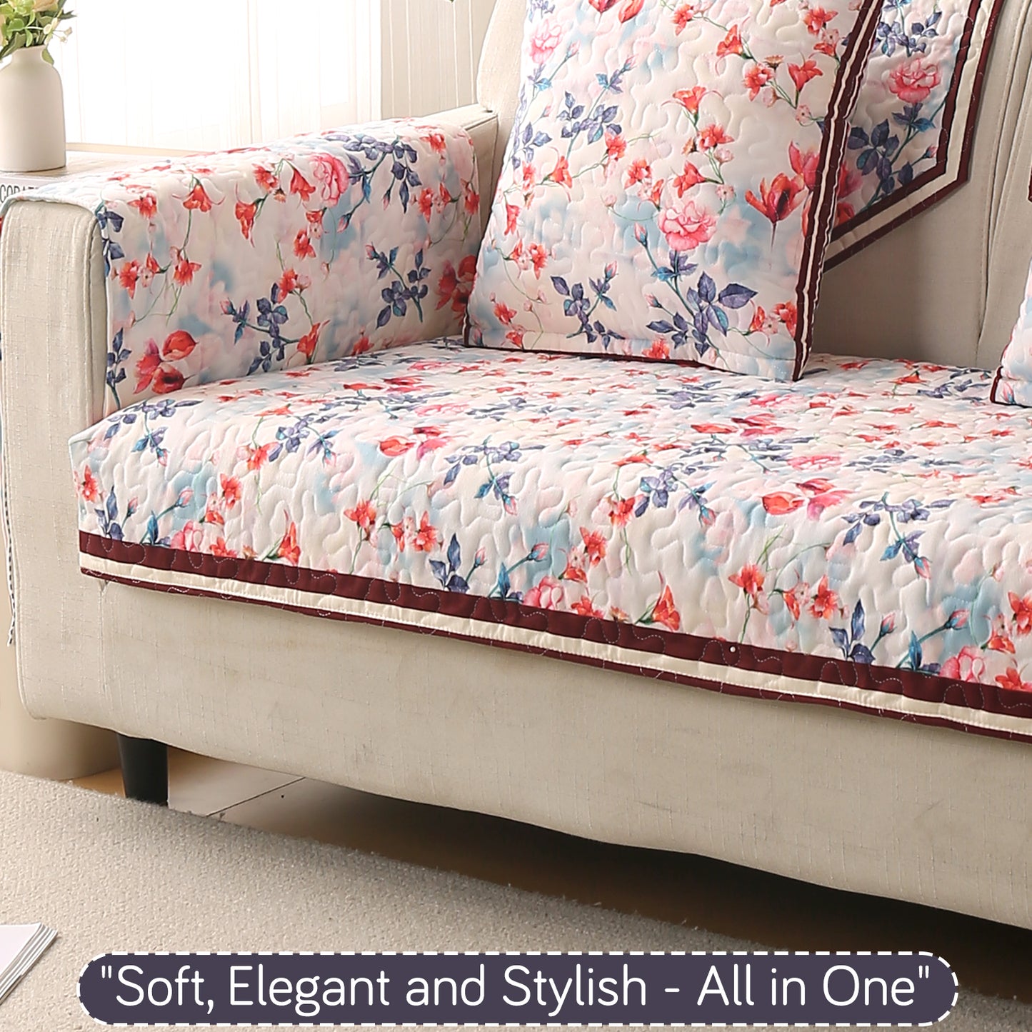Florentina Series Printed Holland Velvet Sofa Mat - Scarlet Rose Ivory