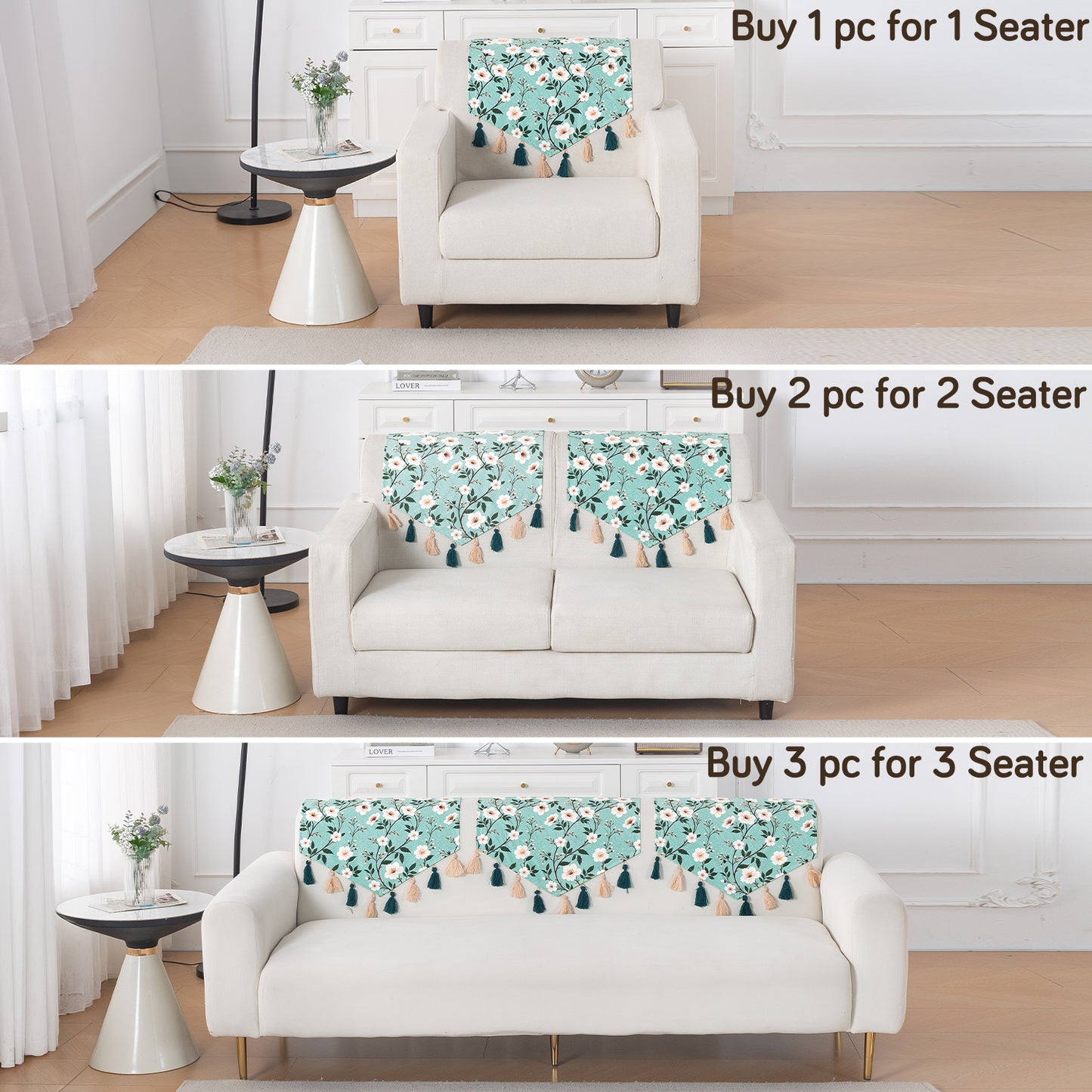 'Whispers of Nature' Series Holland Velvet Sofa Mat with Tassel, Sage Floral Vine