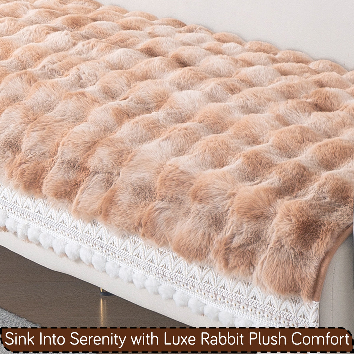 Faux Rabbit Fur Sofa Cover with Lace |Gradient Rabbit Plush, Brown
