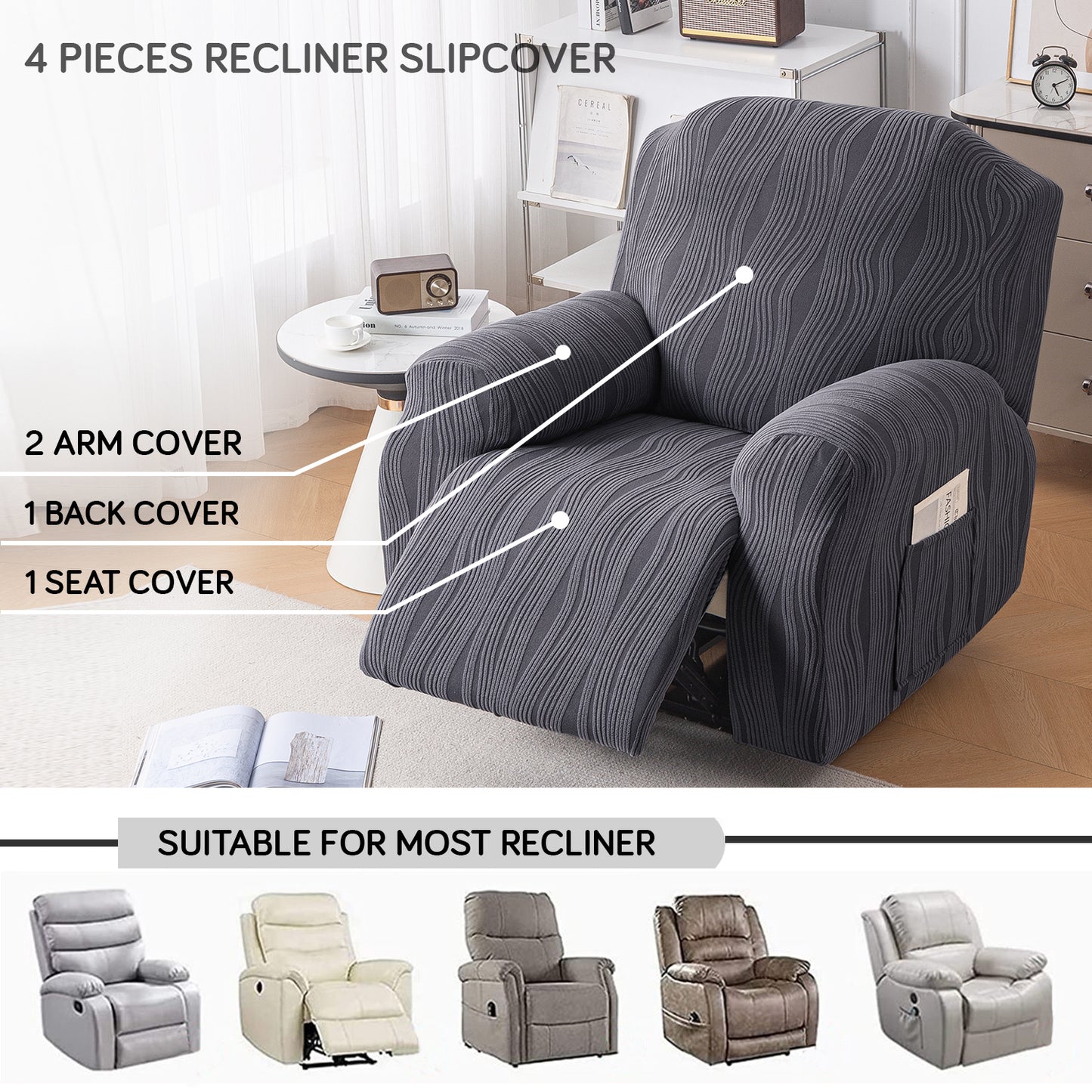 Buy Porpoise Grey Colour nestiva series knitting Jacquard 4 Pieces Recliner Slipcover | HOKIPO