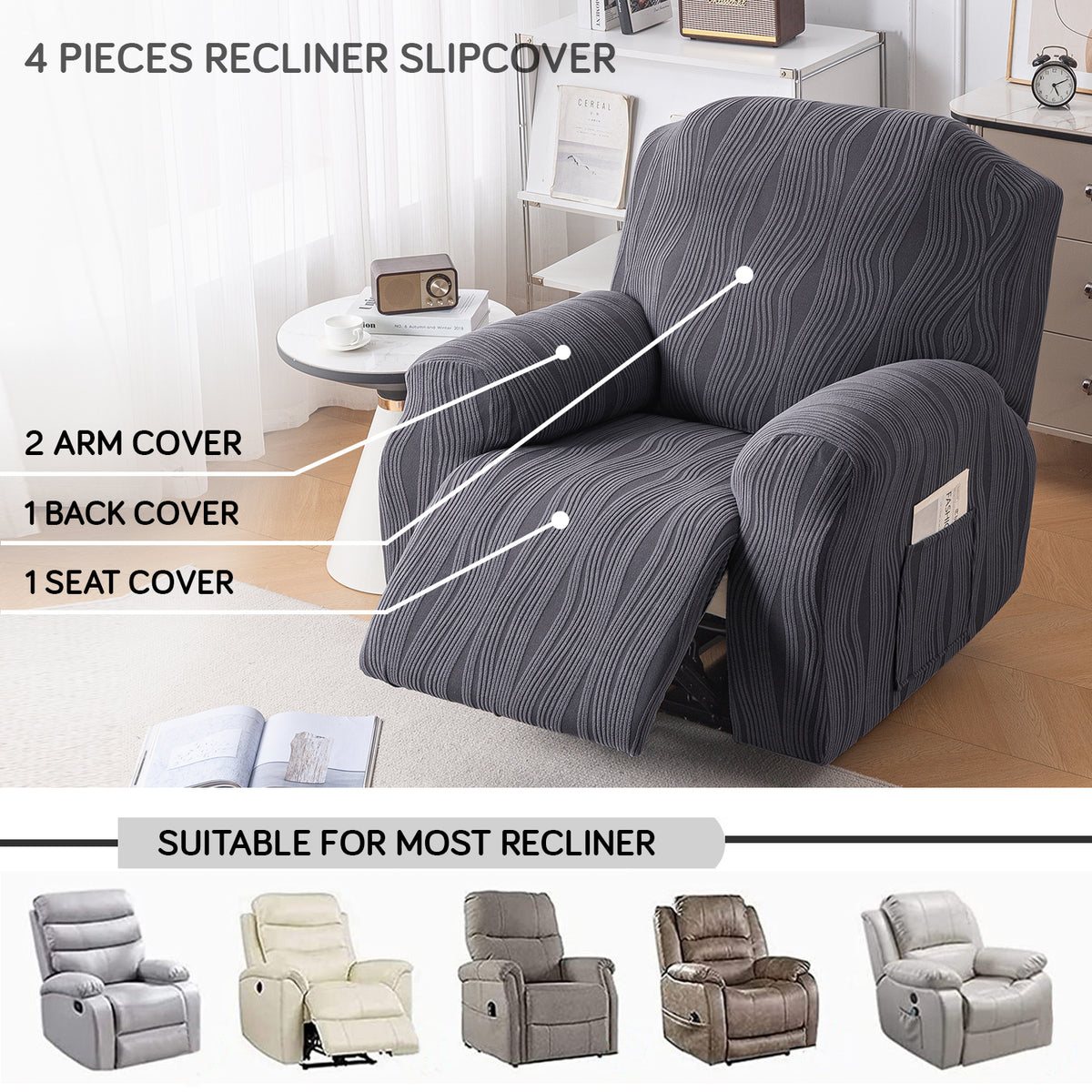 Buy Porpoise Grey Colour nestiva series knitting Jacquard 4 Pieces Recliner Slipcover | HOKIPO