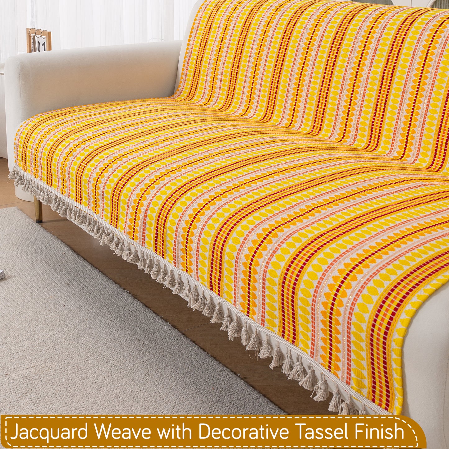 Artisan Boho Series 5-Seater Sofa Cover with Tassels (3+1+1), Mustard Yellow