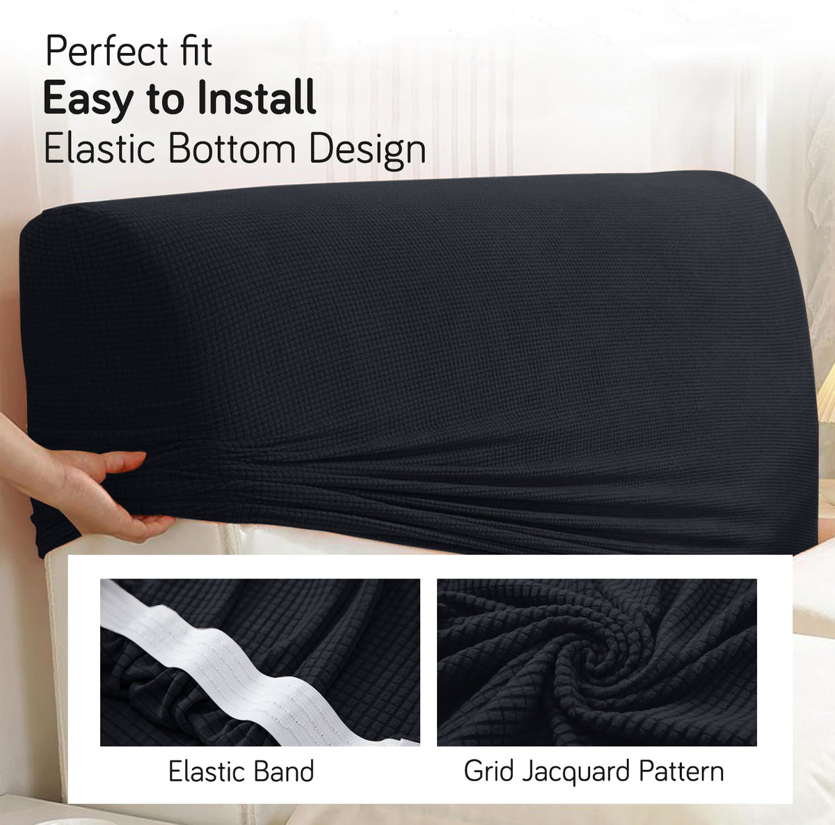 Buy Black Colour jacquard bed headboard cover with elastic bottom, easy to install and perfect fit design for beds