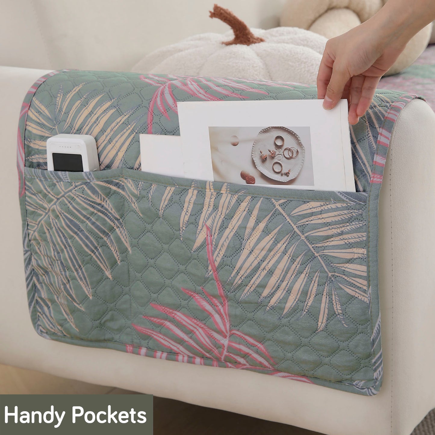 Polyester 2 Pcs Printed Quilted Sofa Armrest Cover, Tropical Leaves Pastel Green