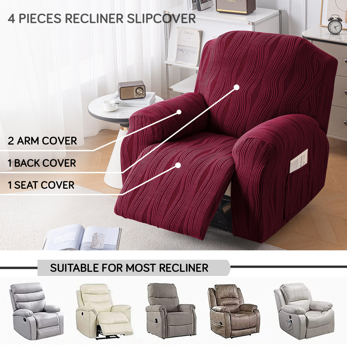 Buy Burgundy Colour nestiva series knitting Jacquard 4 Pieces Recliner Slipcover | HOKIPO