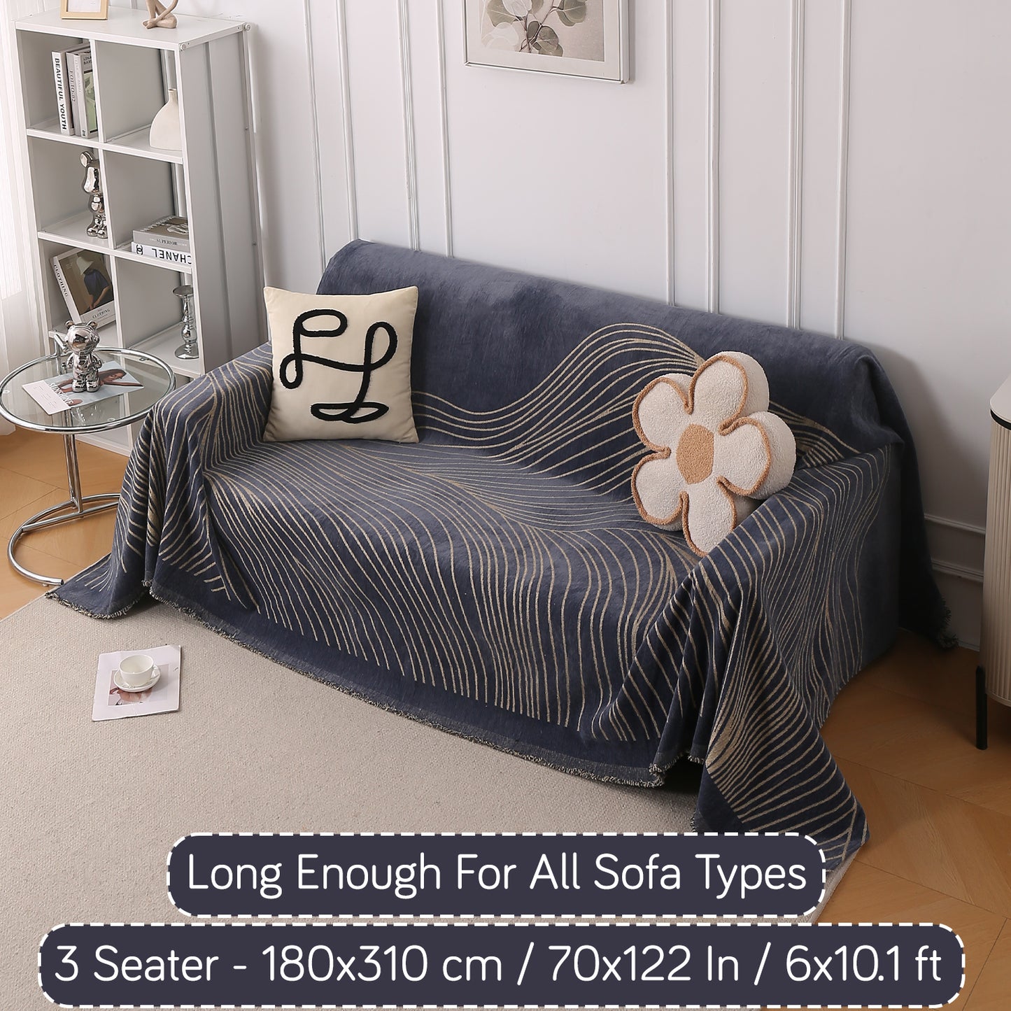 WaveLoom Collection Printed Chenille Sofa Cover Throw Blanket, Dark Grey