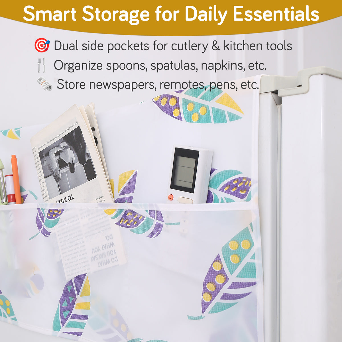 Small / Large Waterproof, Printed Fridge Cover Top with 6 Side Pockets, Boho Feathers