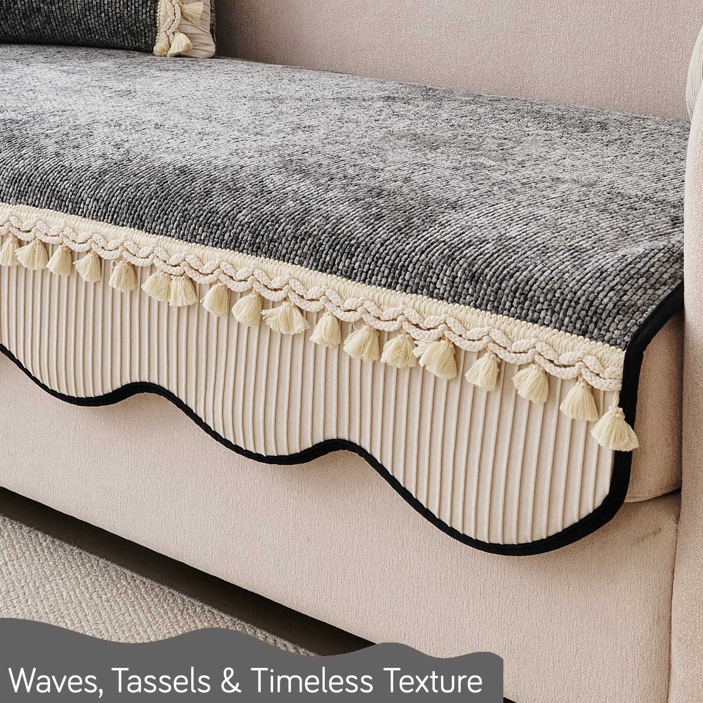 'Wavy Royale Series' Thick Woven Weave Chenille Sofa Cover with Tassel, Moon Grey