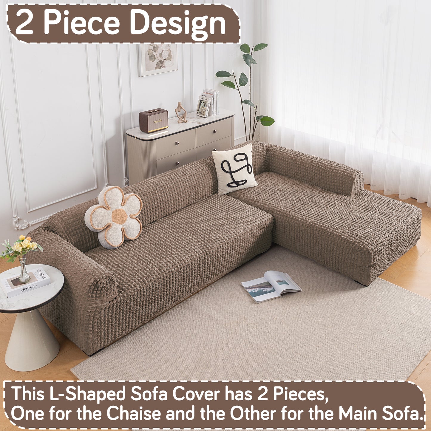 Aria Nova Bubble 2-Piece Stretchable L Shape Sofa Cover with Right Chaise, Mocha Brown