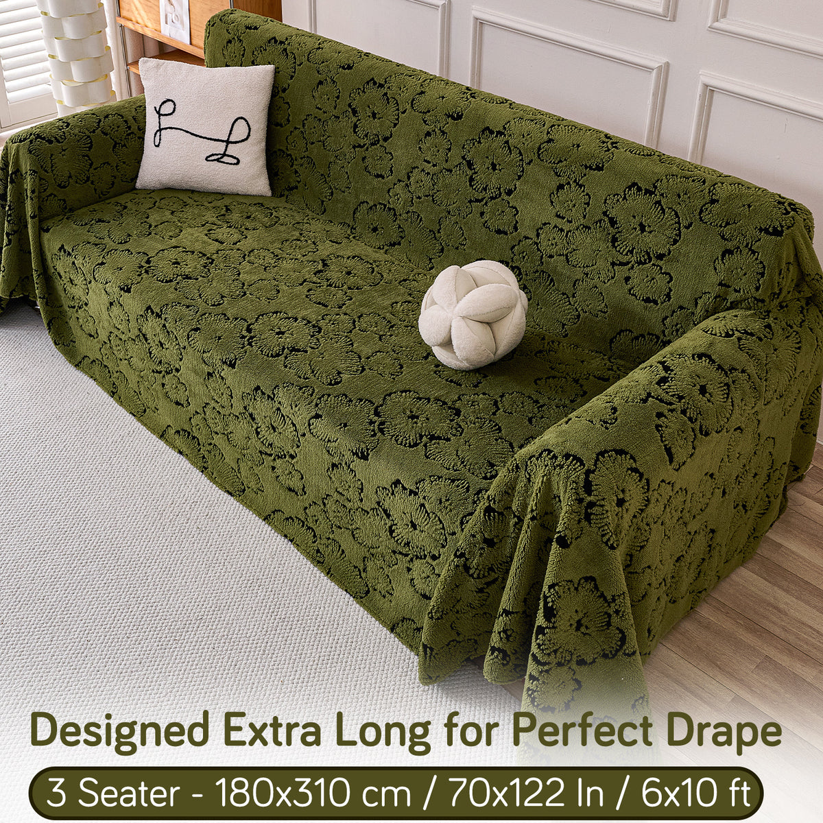 Buy Forest Olive Colour Camellia Blossom Luxury Plush Sofa Throw – 3 Seater Sofa | HOKIPO