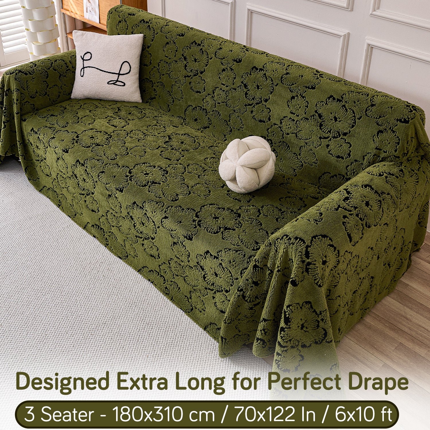 Buy Forest Olive Colour Camellia Blossom Luxury Plush Sofa Throw – 3 Seater Sofa | HOKIPO