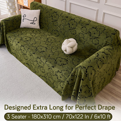 Buy Forest Olive Colour Camellia Blossom Luxury Plush Sofa Throw – 3 Seater Sofa | HOKIPO