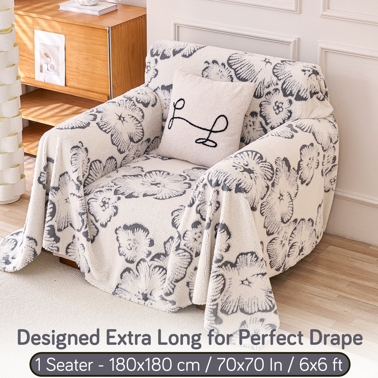 Buy Pearl Grey Colour Camellia Blossom Luxury Plush Sofa Throw – 1 Seater Sofa | HOKIPO