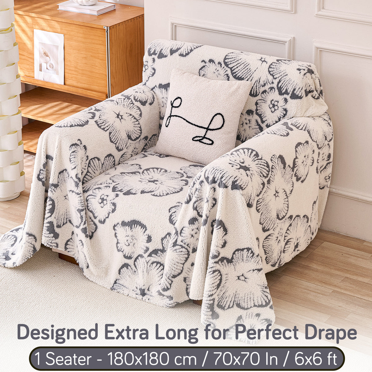 Buy Pearl Grey Colour Camellia Blossom Luxury Plush Sofa Throw – 1 Seater Sofa | HOKIPO