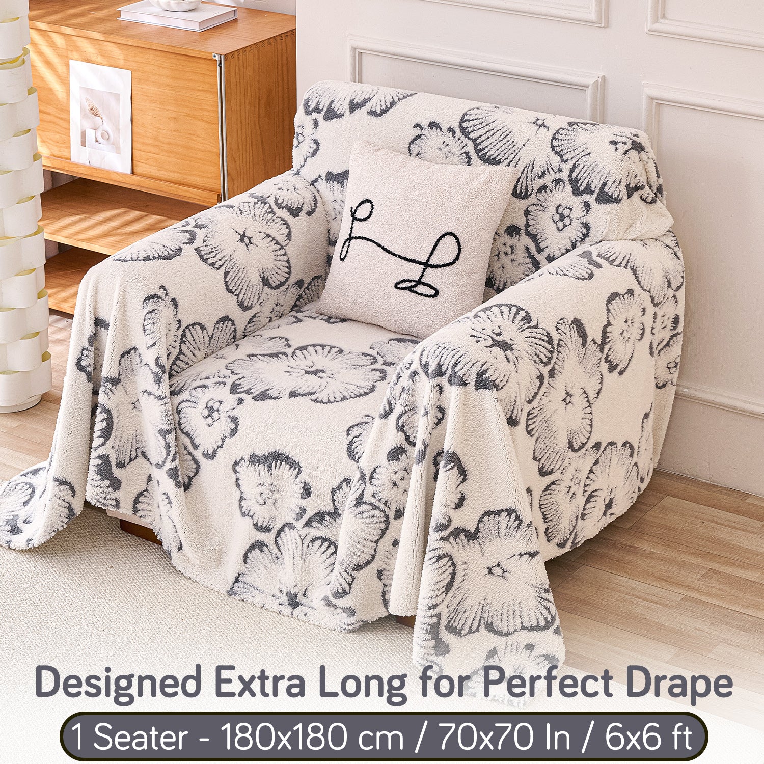 Buy Pearl Grey Colour Camellia Blossom Luxury Plush Sofa Throw – 1 Seater Sofa | HOKIPO