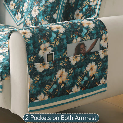 Florentina Series Printed Holland Velvet Sofa Mat - Pansies Teal