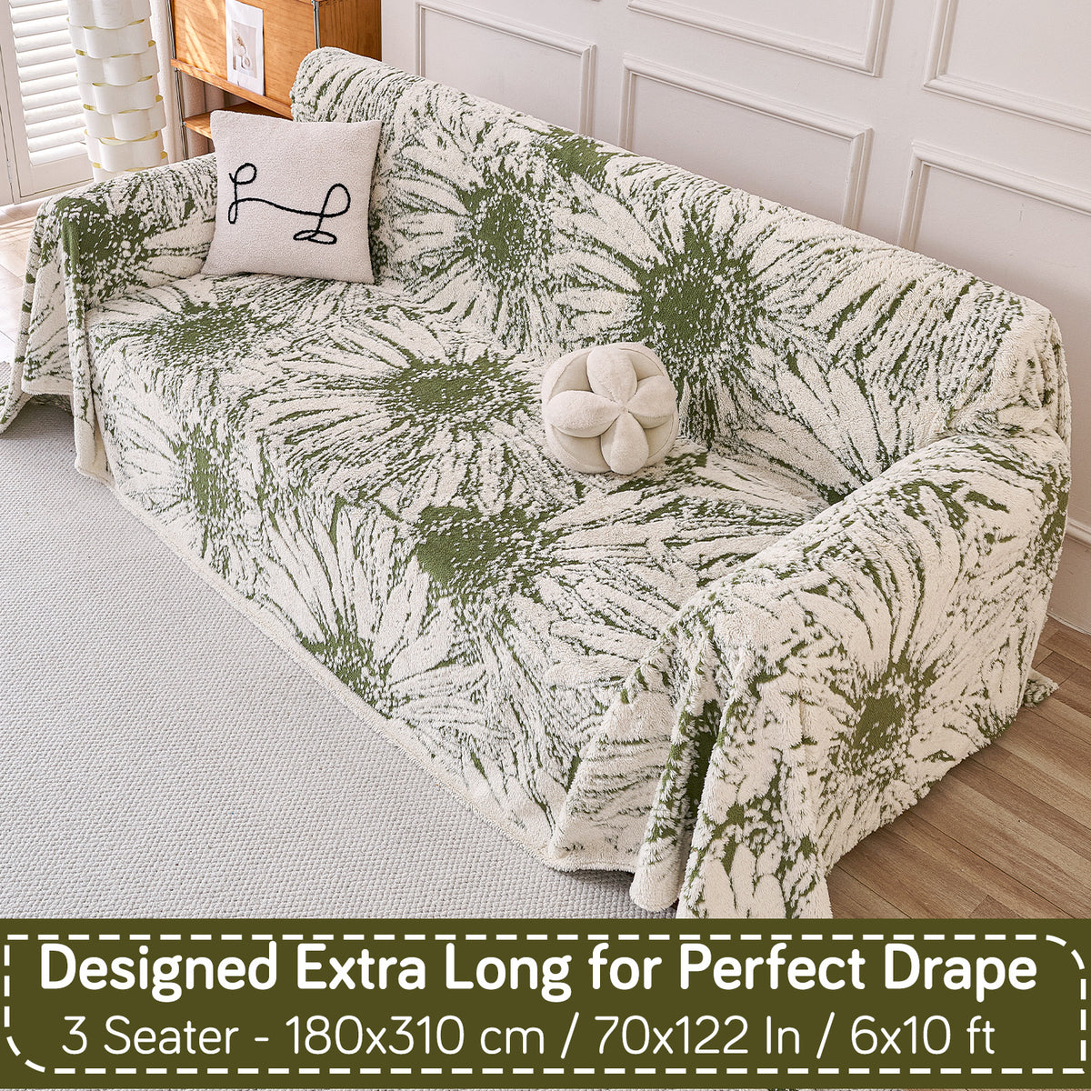 Buy Moss Green Colour DaisyBloom Series Luxury Plush Sofa Throw – 3 Seater Sofas | HOKIPO