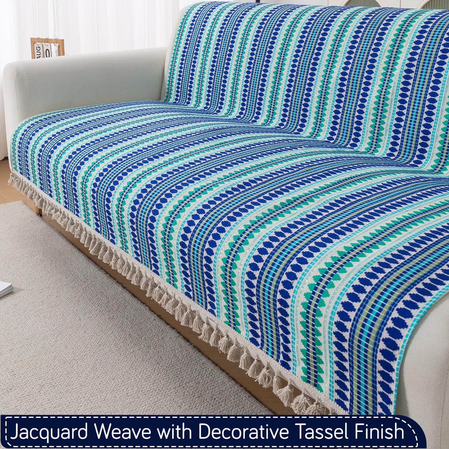 Artisan Boho Series 5-Seater Sofa Cover with Tassels (3+1+1), Royal Blue