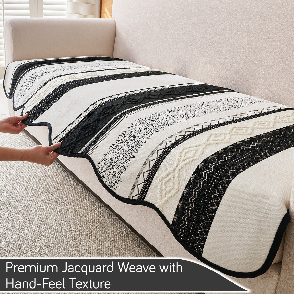 'Valenca Wavy Luxe Series' Boho Geometry Sofa Cover Mat, Midnight Black