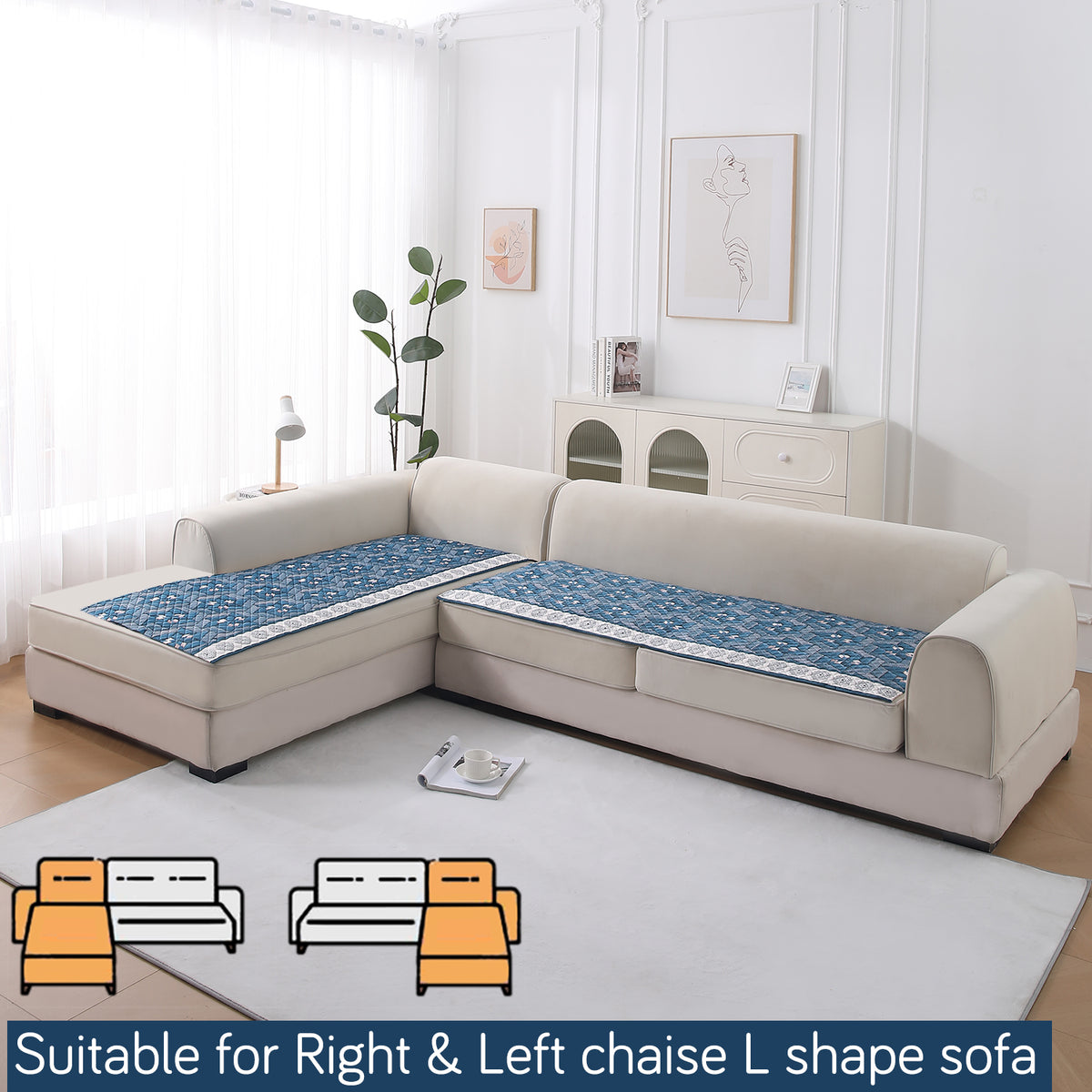 LiefNest Printed Holland Velvet L Shape Sofa Seat Mat with Foam Filling - Geometric Floral Oriental Blue