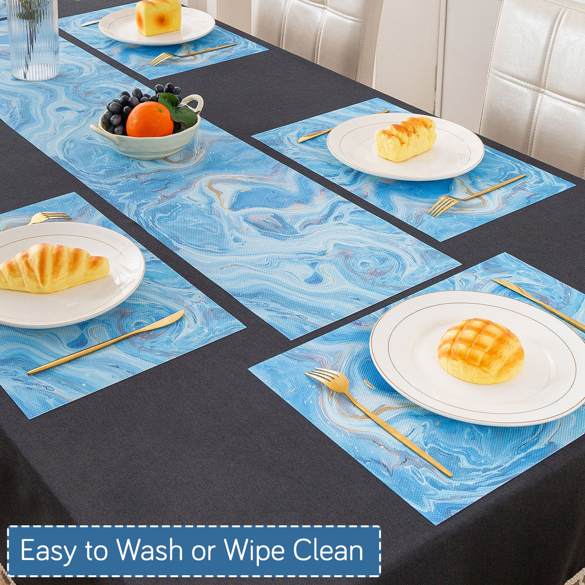 Marble Fusion PVC Mats for Dining Table, Aqua Swirl - Ocean Blue