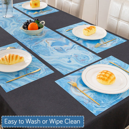 Marble Fusion PVC Mats for Dining Table, Aqua Swirl - Ocean Blue