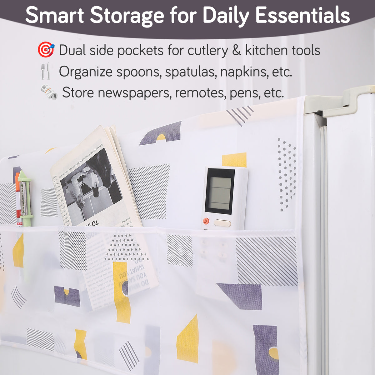 Small / Large Fridge Cover Top | For Smaller Single Door, Double Door and Bigger Double Door Refrigerator - Waterproof, Printed with 6 Side Pockets, Geometric Abstract