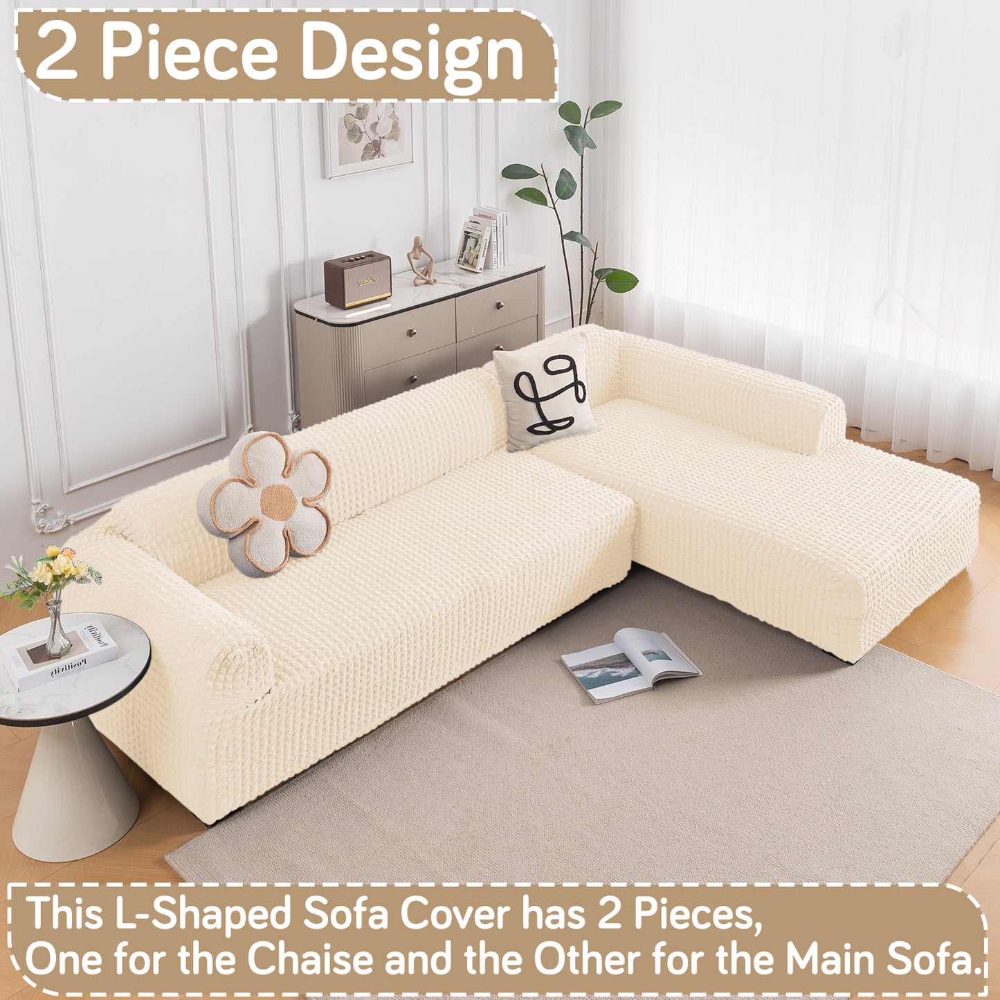 Aria Nova Bubble 2-Piece Stretchable L Shape Sofa Cover with Right Chaise, Light Cream