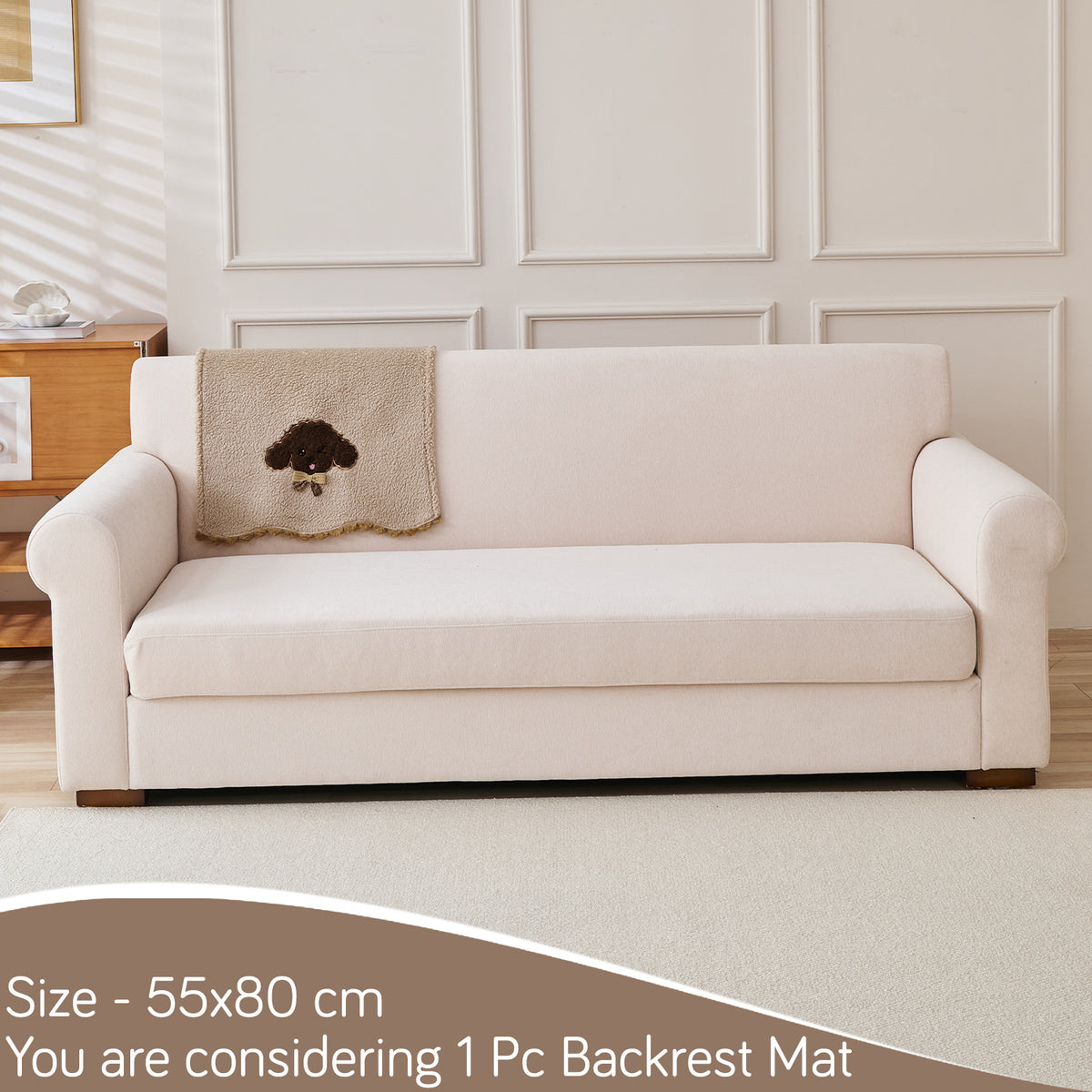 CloudHug Plush Sofa Cover Mat with PomPom and Wavy Edges, Vanilla Latte