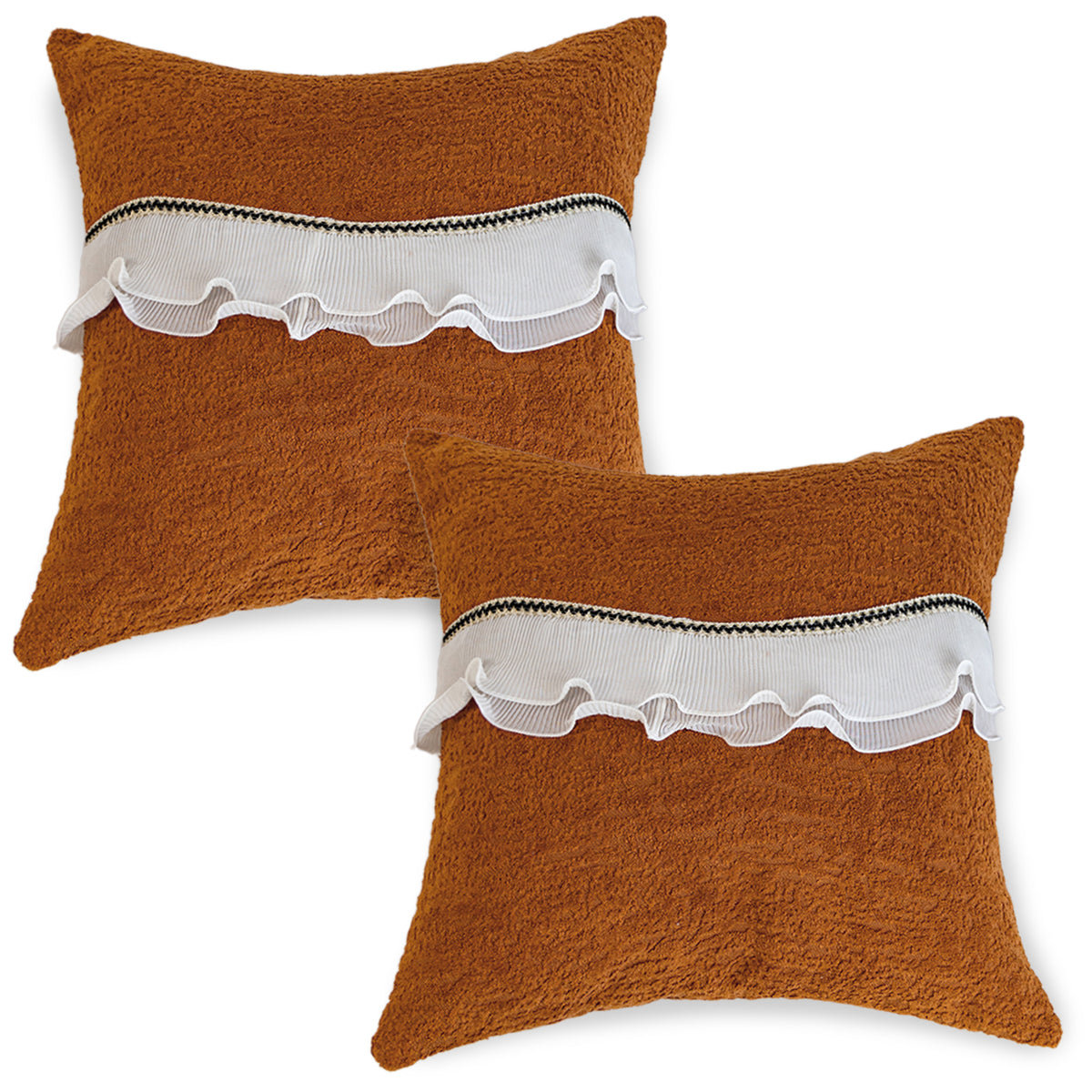 French Classic Frill Sofa Cushion Cover with Elegant Wavy Lace Design - Copper Orange