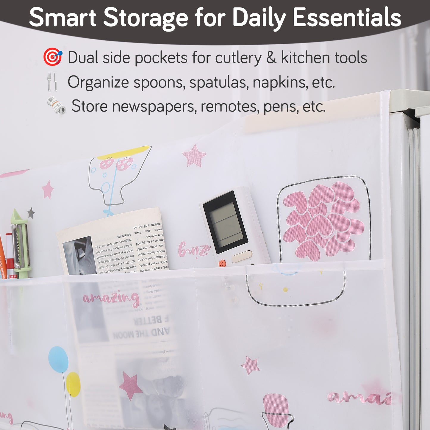 Small / Large Fridge Cover Top | For Smaller Single Door, Double Door and Bigger Double Door Refrigerator - Waterproof, Printed with 6 Side Pockets, Whimsical Bottles