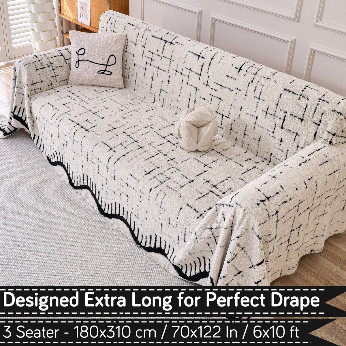 Buy Off-White Colour Supple Soft Wavy Plush Sofa Throw – 3 Seater Sofas | HOKIPO