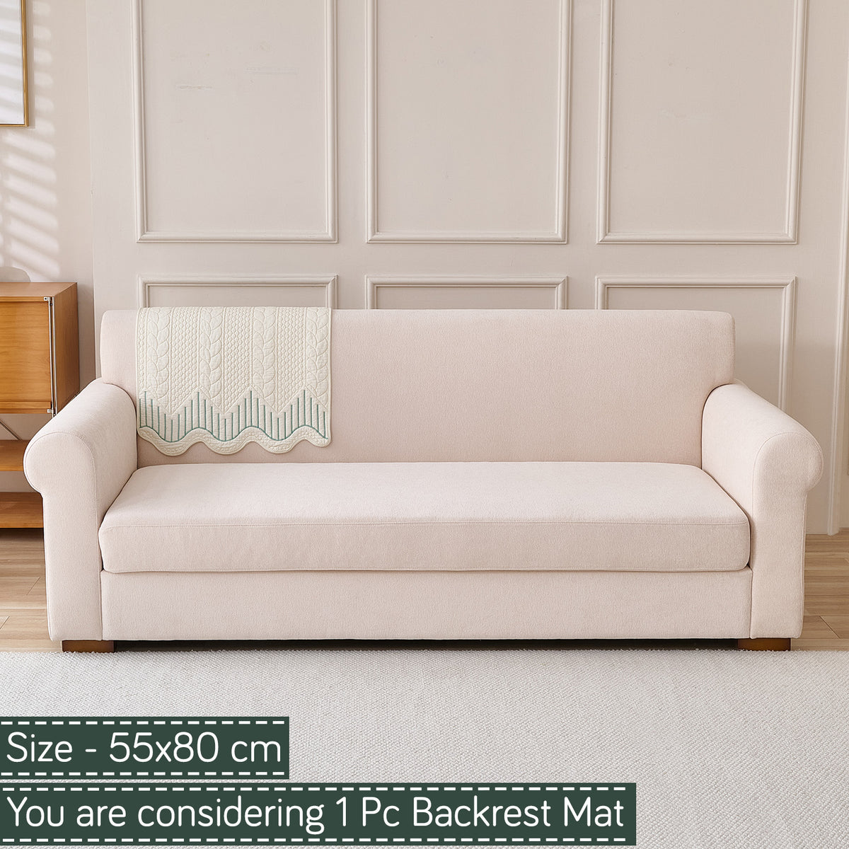 Cotton Reverie with a Curved Wavy Edge Sofa Mat, Greenish Cream