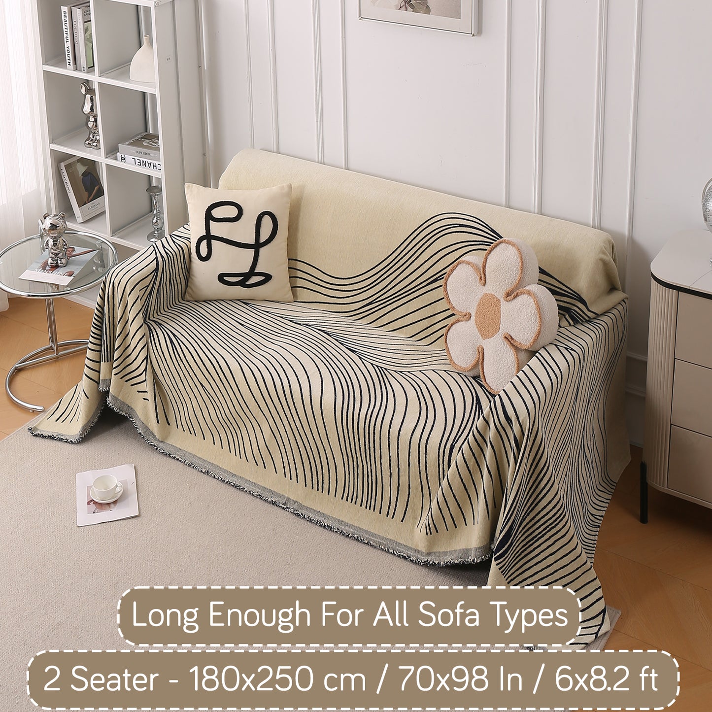 WaveLoom Collection Printed Chenille Sofa Cover Throw, Navy Blue