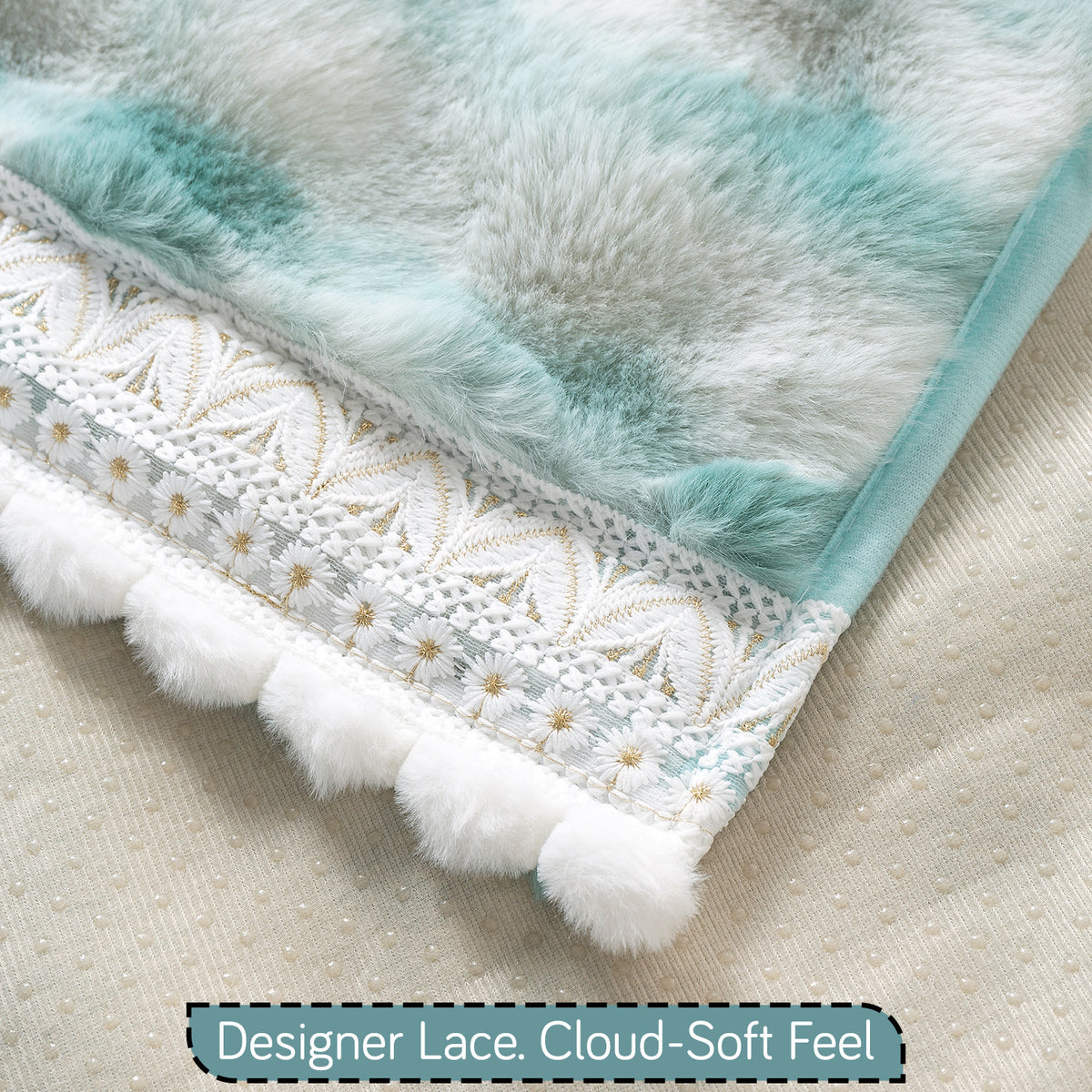 Faux Rabbit Fur Sofa Cover with Lace |Gradient Rabbit Plush, Green