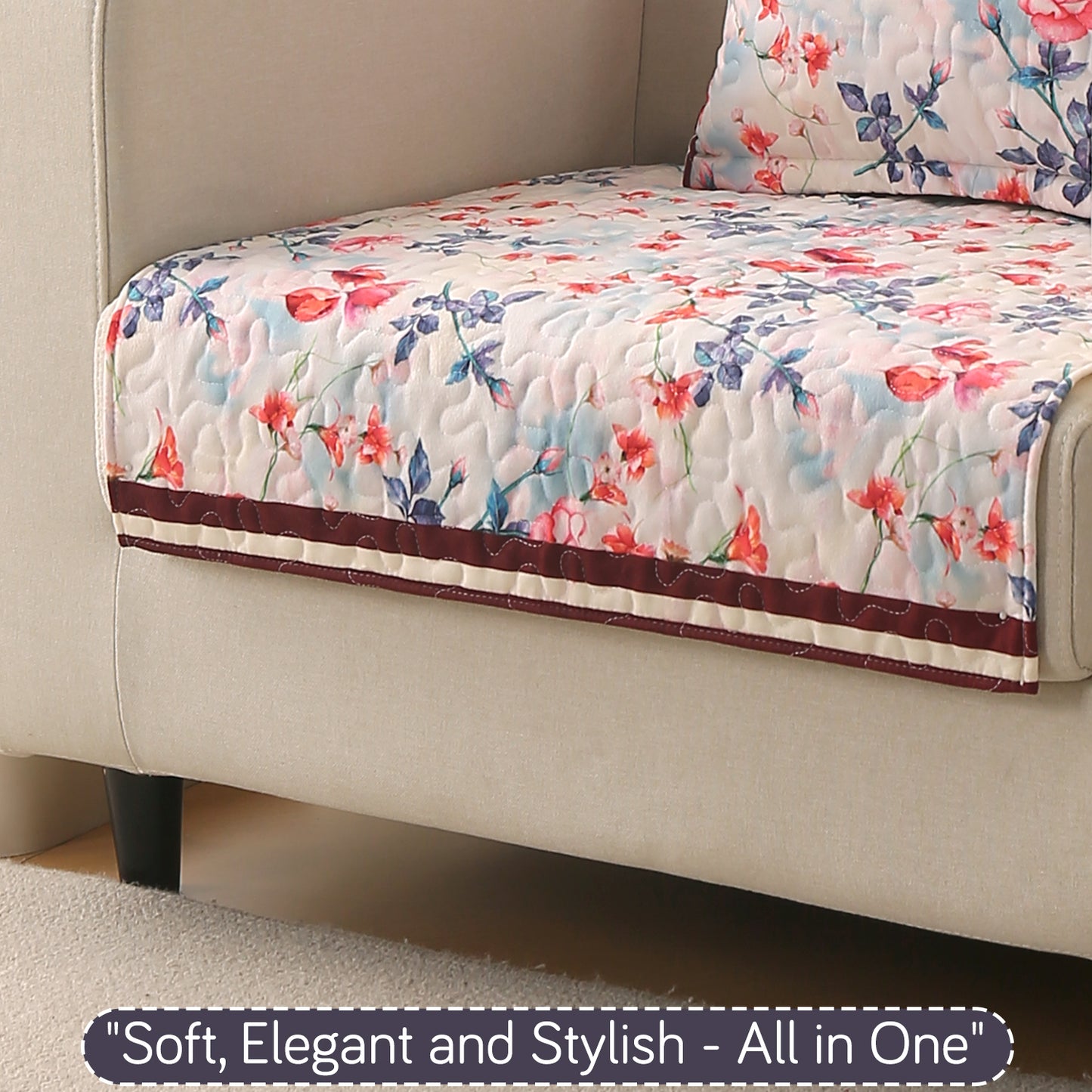 Florentina Series Printed Holland Velvet Sofa Mat - Scarlet Rose Ivory