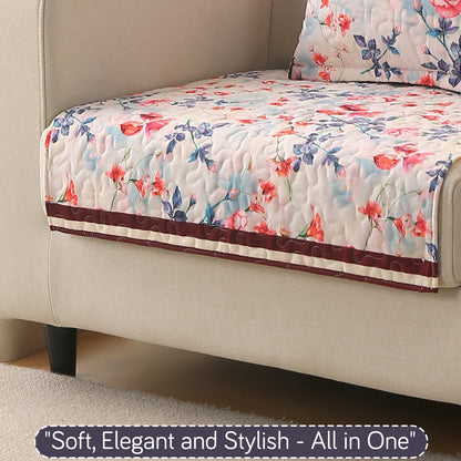Florentina Series Printed Holland Velvet Sofa Mat - Scarlet Rose Ivory