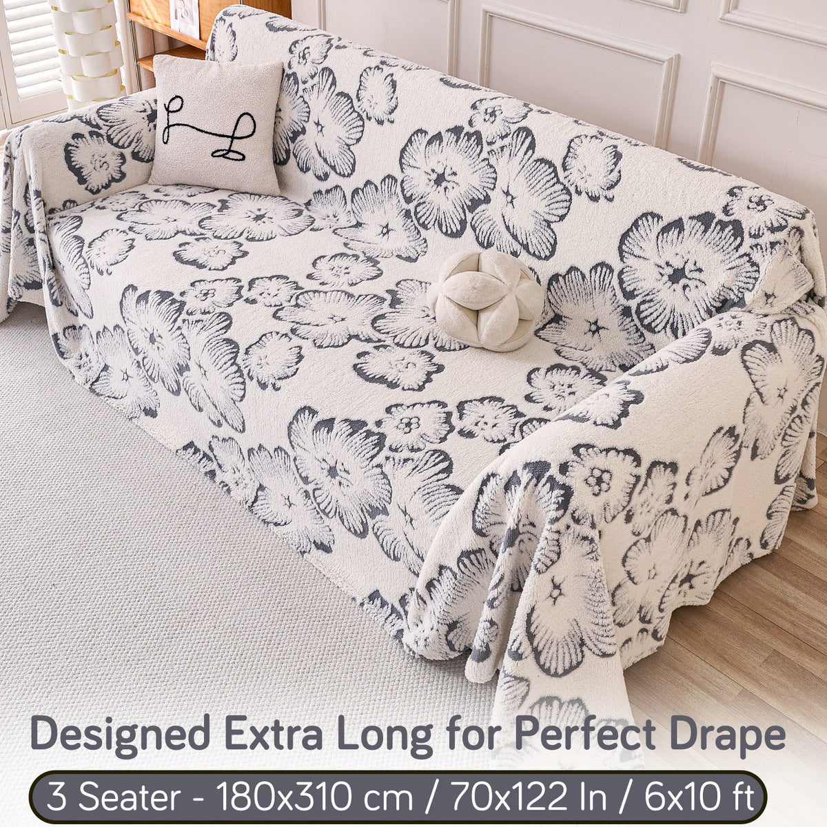 Buy Pearl Grey Colour Camellia Blossom Luxury Plush Sofa Throw – 3 Seater Sofa | HOKIPO