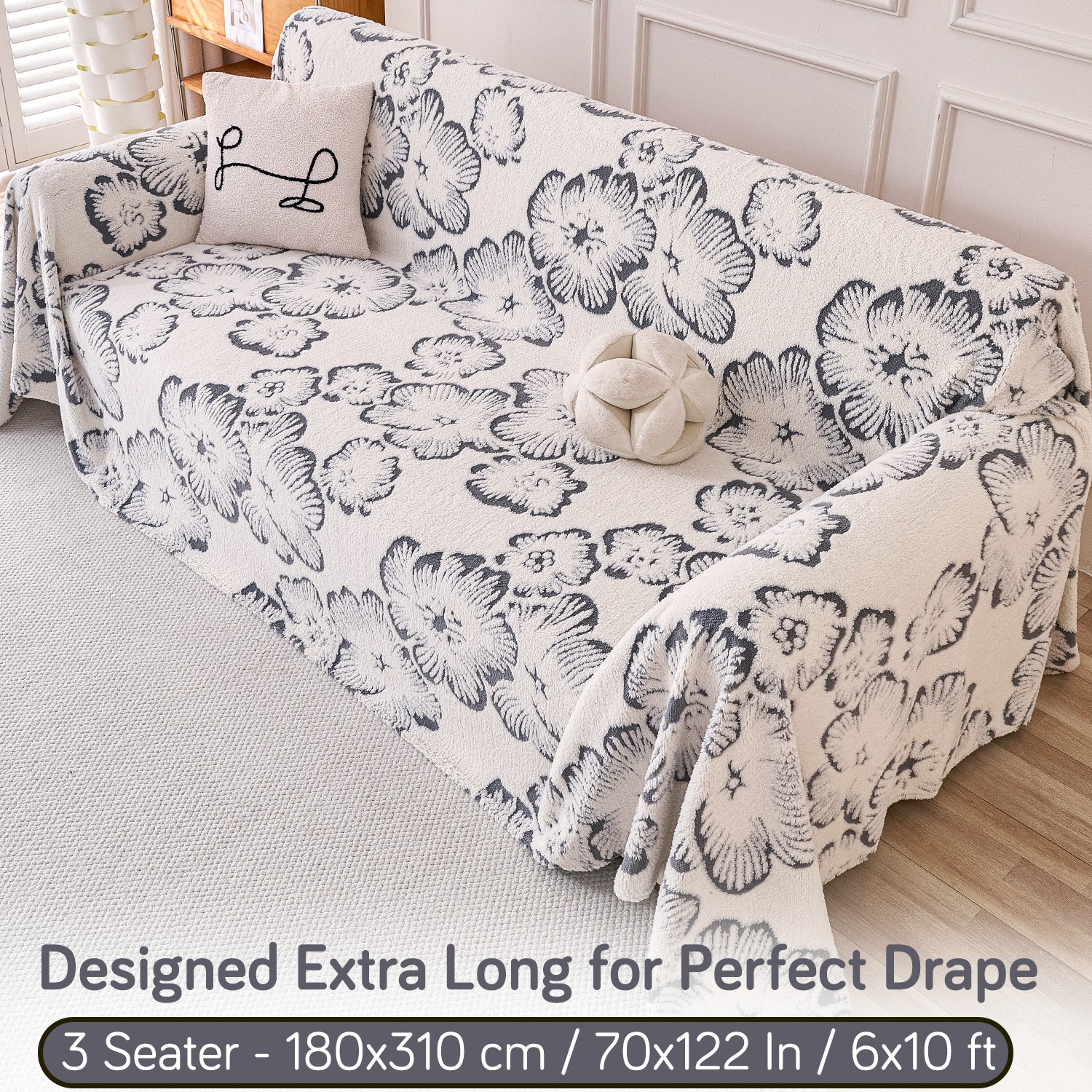 Buy Pearl Grey Colour Camellia Blossom Luxury Plush Sofa Throw – 3 Seater Sofa | HOKIPO