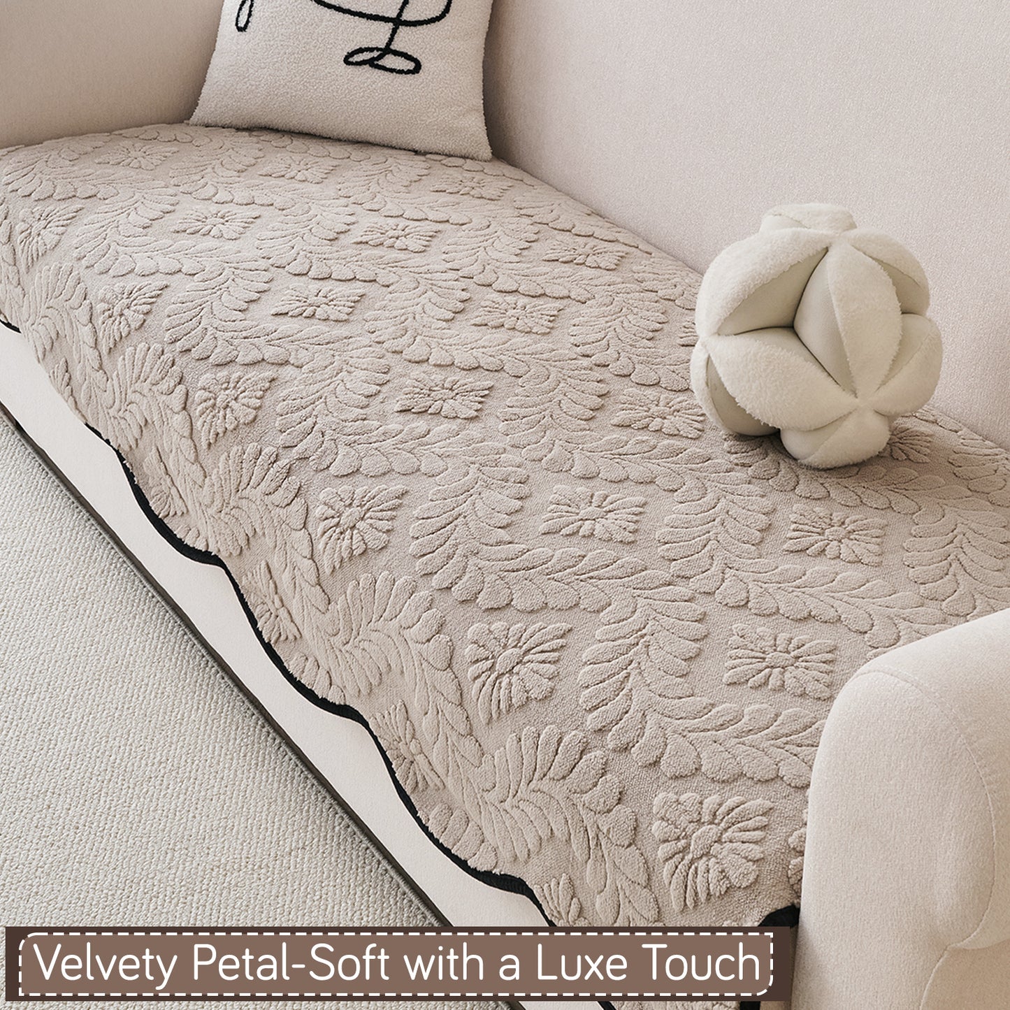 Embossed Floral Jacquard Anti-Slip Sofa Cover Mat, 'Wavy Petal Crest Series' Soft Brown