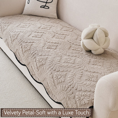 Embossed Floral Jacquard Anti-Slip Sofa Cover Mat, 'Wavy Petal Crest Series' Soft Brown