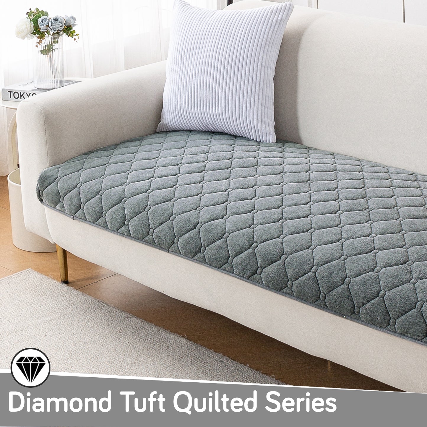 Diamond Tuft Plush Sofa Cover Mat, Stone Grey