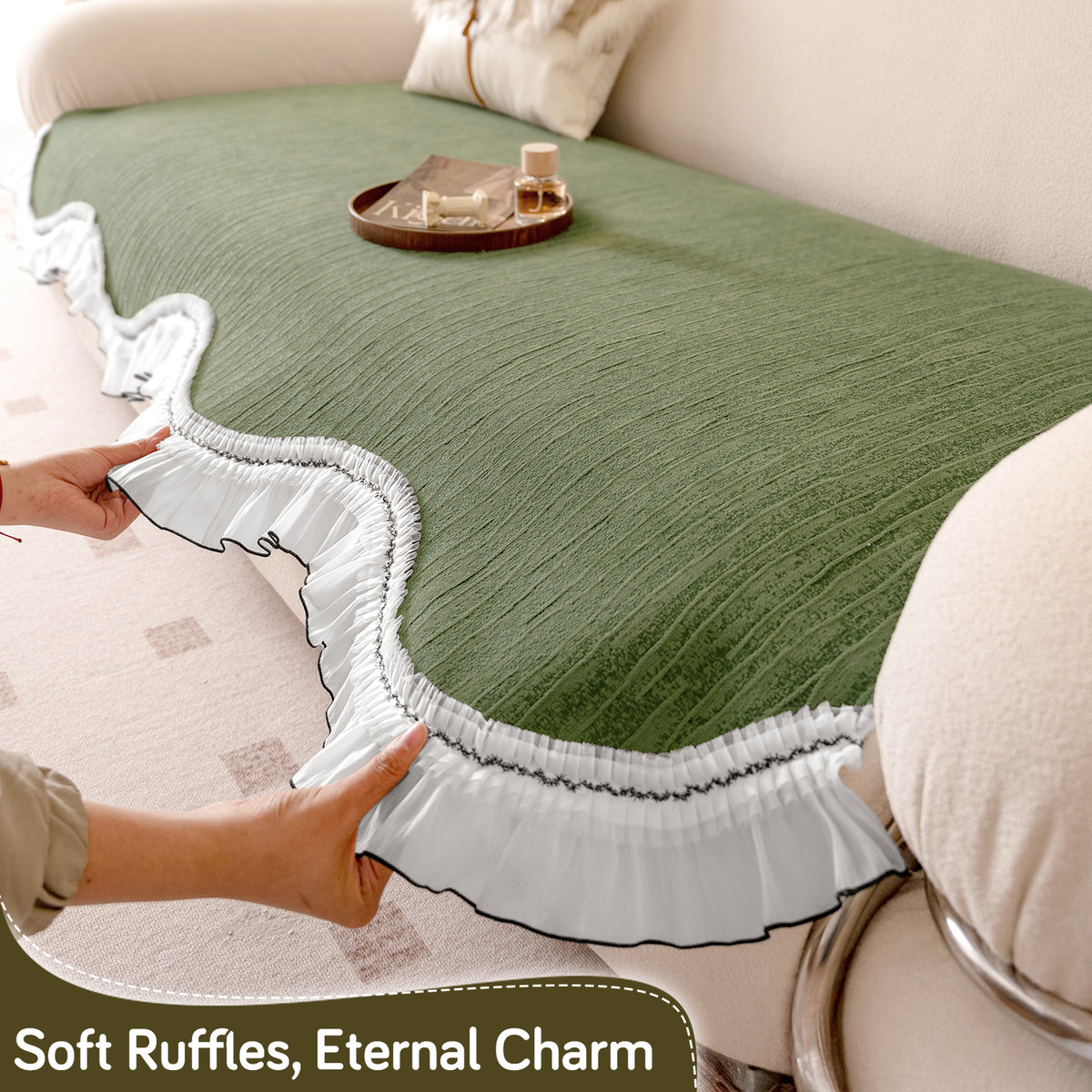 French Lace & Luxe with White Ruffle Edge Sofa Cover Mat, Willow Ash Green