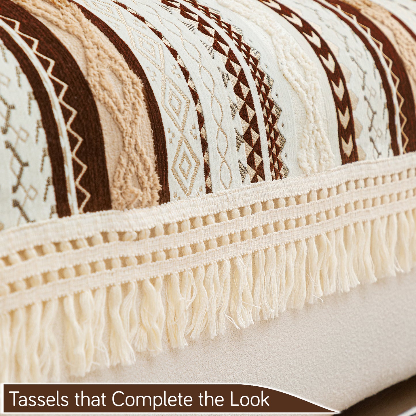Nordic Boho Geometric Sofa Cover Mat with Tassel, 'Nordic Tassel Series'  Chocolate Brown