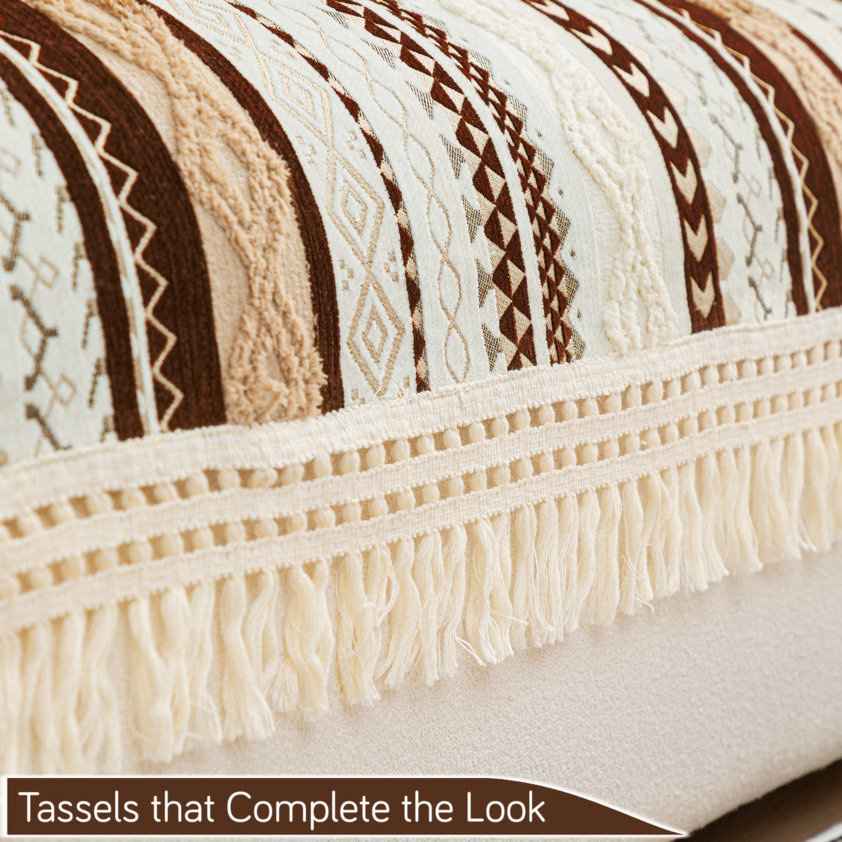 Nordic Boho Geometric Sofa Cover Mat with Tassel, 'Nordic Tassel Series'  Chocolate Brown
