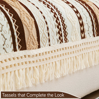 Nordic Boho Geometric Sofa Cover Mat with Tassel, 'Nordic Tassel Series'  Chocolate Brown